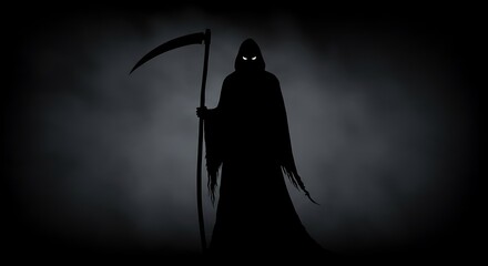 Dark silhouette of the Grim Reaper holding a scythe in the mist.