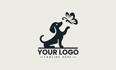 Fototapeta premium Butterfly and wiener dog logo symbolizing harmony between animals and nature in cute minimalist vector design