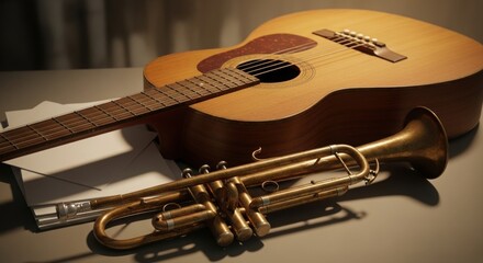 Obraz premium Acoustic guitar and trumpet on a table under warm light