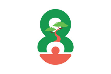 Number 8 with a stylized bonsai tree illustration