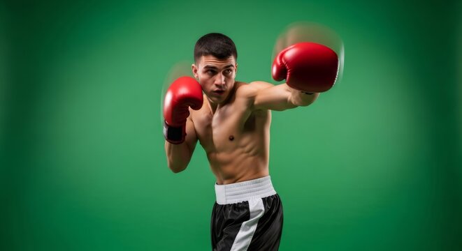 Man boxer posing in red gloves punching. Knockout motion effect. Fight training workout. Effect for chromakey isolated on green screen.