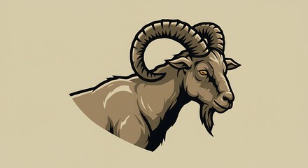 Majestic Mountain Goat Head with Large Horns Illustration.