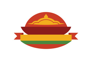 Fototapeta premium Decorative salad bowl with balinese temple and ribbon banner