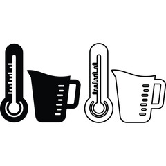 Thermometers and measuring cups in black and white line art for scientific or cooking applications silhouette