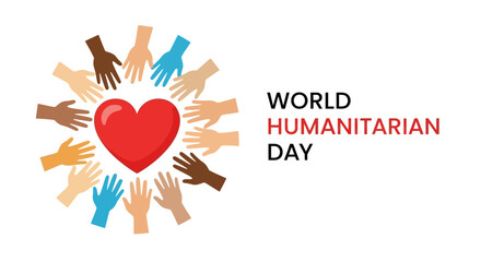 Diverse hands of different races unite in a circle of support around a red heart, a symbol of love, community, and charity