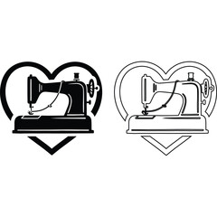 A black and white illustration of two sewing machines inside heart shapes with different fill styles silhouette