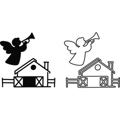 Black and white nativity scene silhouettes inside star shapes depicting religious family and faith symbol