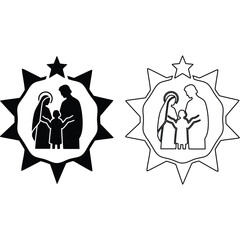 Black and white nativity scene silhouettes inside star shapes depicting religious family and faith symbol