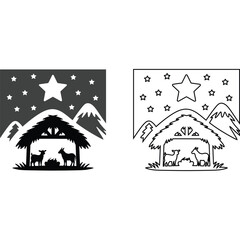 A nativity scene silhouette and outline featuring a stable, animals, stars, and mountains in monochrome