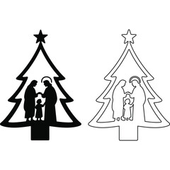 Christmas tree shaped nativity scene cutouts in black and white showing jesus mary and joseph figures silhouette
