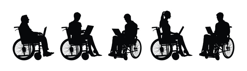People different ages sitting on wheelchair working with laptop different positions black silhouette set.