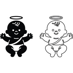 Two baby angel icons one in black and one in outline with halos and diapers on a white background view silhouette
