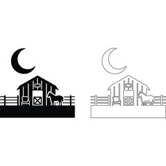 A barn silhouette and outline with a horse and moon in black and white against a plain background art