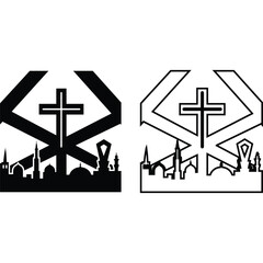 Christian cross over cityscape silhouette with geometric design in black and white variations graphic art
