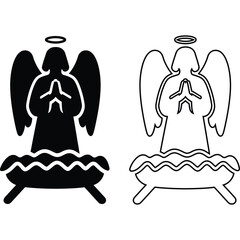 Two angel illustrations one solid black and one outlined standing on a wavy platform with legs below it silhouette