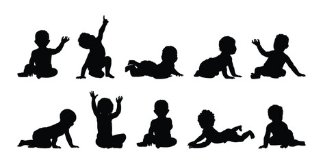 Silhouettes set of babies and toddlers in different poses and positions vector illustration collection.