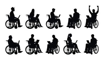 People sitting in wheelchair using laptop in different positions black silhouette set vector graphic collection.