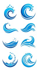 Fototapeta premium Set of stylized blue water waves and droplets