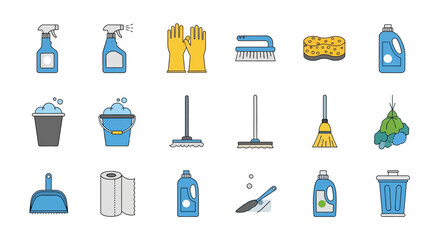 Cleaning supplies vector icons for household chores and hygiene maintenance