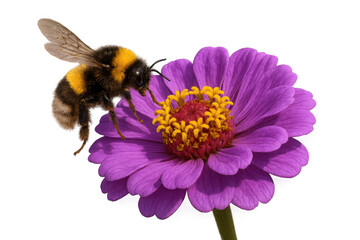 Bumblebee gathering nectar and pollen from a vibrant zinnia flower, a symbol of pollination, nature, and summer