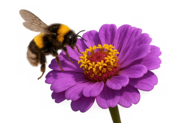 Bumblebee gathering nectar and pollen from a vibrant zinnia flower, a symbol of pollination, nature, and summer