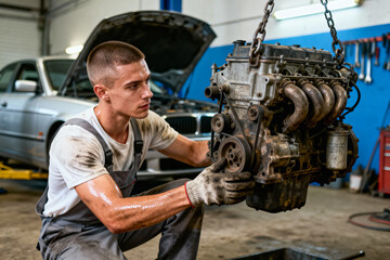 Focused young male auto mechanic in greasy overalls and gloves working on a car engine, which is suspended by a heavy chain hoist in a brightly lit repair garage