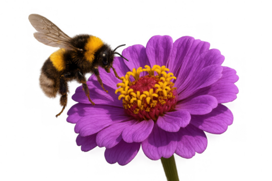 Bumblebee gathering nectar and pollen from a vibrant zinnia flower, a symbol of pollination, nature, and summer