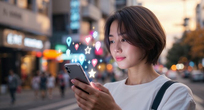 Person holding smartphone with glowing digital icons - Powered by Adobe