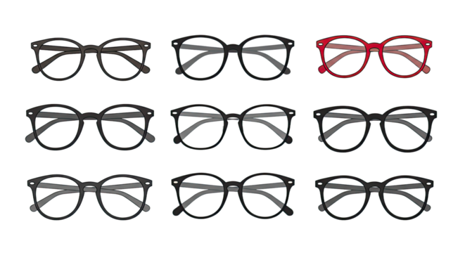 Collection of modern eyeglasses frames in black and red colors, various styles for men and women, ideal for eyewear shops or fashion catalogs