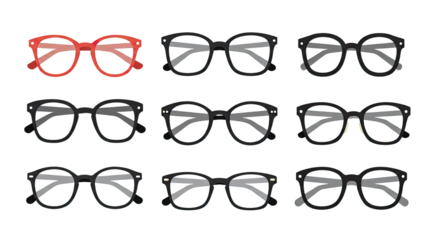 Collection of nine eyeglasses frames with one red frame standing out among classic black and gray styles, ideal for vision and eyewear design projects