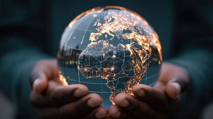 Conceptual Close Up Hand Holding World Globe Glass Showing Africa Continent. Ai Generated Images