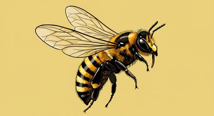 Detailed honey bee illustration in flight on a solid yellow background.