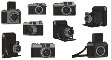 Collection of vintage and classic cameras with bellows and rangefinder styles, perfect for photography projects and retro design themes