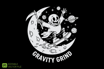 Obraz premium Happy Grim Reaper Ghost Skateboarding on Moon with Planets and S