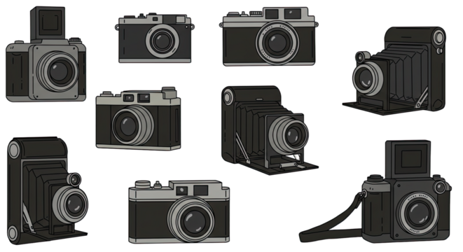 Collection of vintage and classic cameras with bellows and rangefinder styles, perfect for photography projects and retro design themes - Powered by Adobe