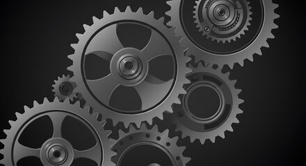 Complex machine cogwheel mechanism on a dark background.