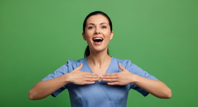 Happy woman nurse making presentation gesture. Caucasian doctor showing a concept with her hands. Medical worker on green screen background. - Powered by Adobe