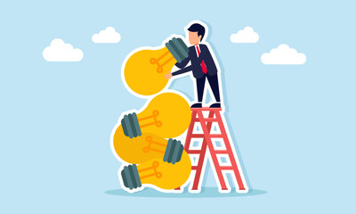businessman using ladder to arrange stack of light bulbs illustration of collecting business ideas and innovation