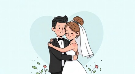 Wedding bride and groom with bouquet waving hand during festive marriage ceremony illustration