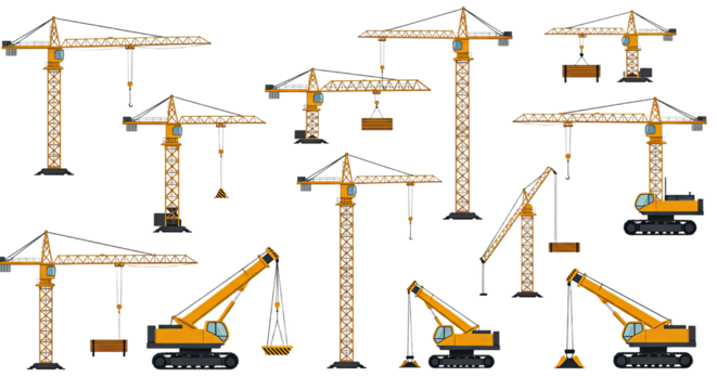 Collection of yellow construction cranes and excavators isolated on white background, perfect for building and engineering projects