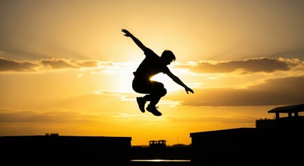 Silhouette of a man jumping between buildings at golden sunset.