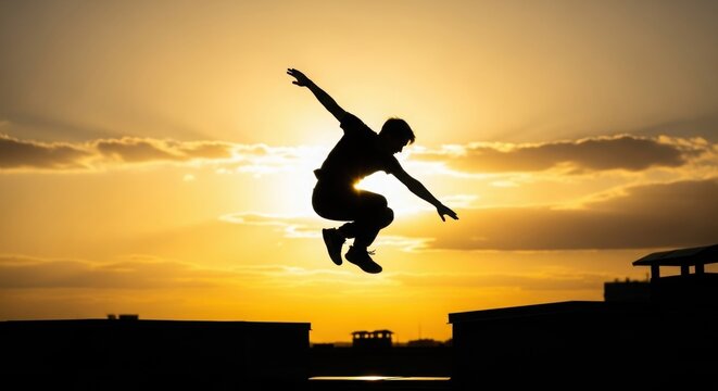 Silhouette of a man jumping between buildings at golden sunset.