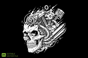 Skull with Motorcycle Engine Parts and Flames Illustration.