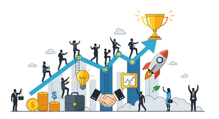 Teamwork Achievement People Climbing Arrow to Success with Rocket, Trophy