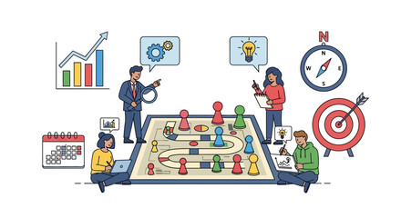 Corporate team collaborating on a business strategy roadmap, using a board game metaphor for planning and achieving goals