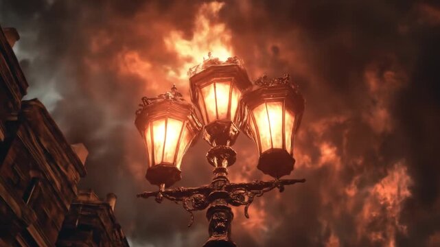 Ornate lamppost glows against fiery sky, contrasting with dark architecture