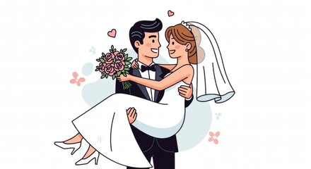 Bride and groom with bouquet