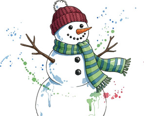 Watercolor snowman with a red hat and green scarf stands in the winter snow