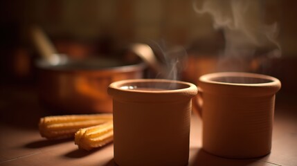 churros. A clay cup of hot chocolate with churros, capturing the warmth of Spanish National Day. menu design, packaging mockups, designed for culinary blogs and recipe cards for restaurants.