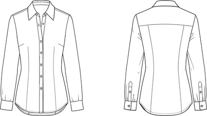 Long sleeve blouse, button-up shirt, fashion flat sketch, technical drawing, princess seams, garment design, sewing template, apparel illustration, back yoke